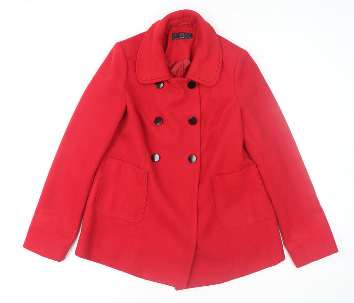 New Look Women Red Pea Coat Size 12 Mid Length Buttoned Classic Style