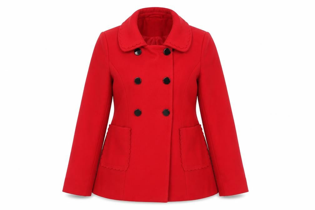 Front view of New Look Women Red Pea Coat, size 12, Mid Length Buttoned Classic Style