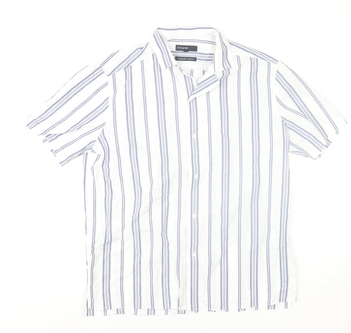 Marks and Spencer Men’s White Striped Cotton Short Sleeve Shirt Size M