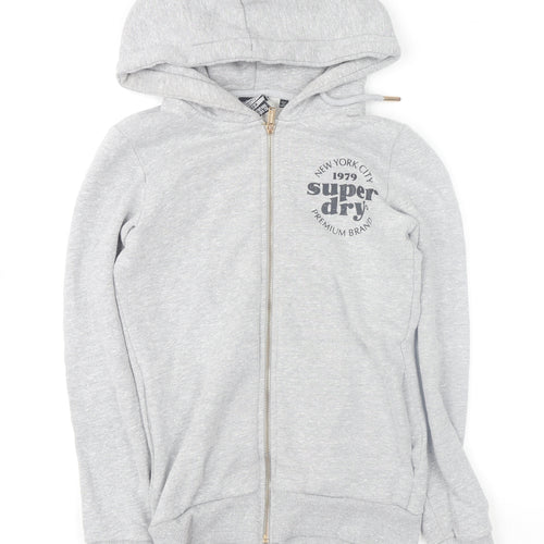 Superdry Womens Grey Full Zip Hoodie UK 6 Classic Logo Sweatshirt
