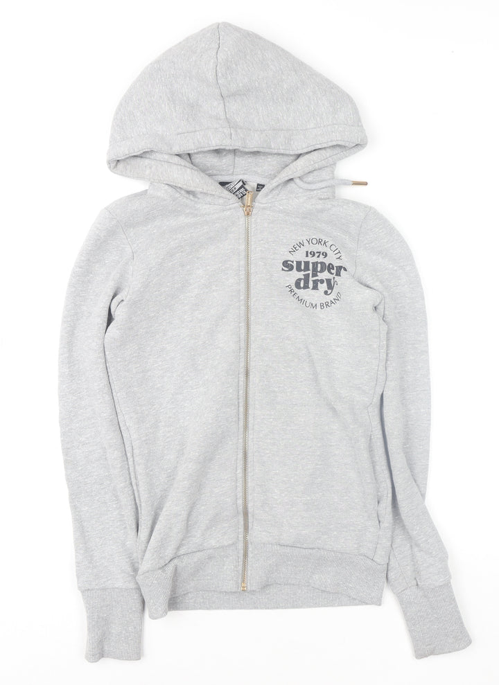 Superdry Womens Grey Full Zip Hoodie UK 6 Classic Logo Sweatshirt