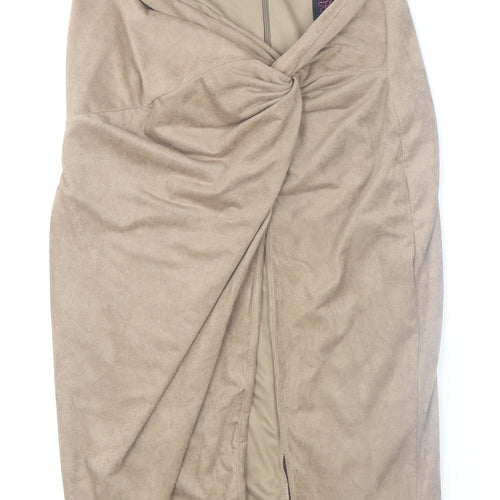 Wow Couture Women's Beige Faux Suede Wrap Midi Skirt Size M