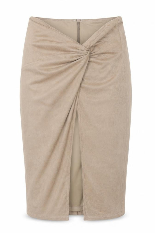 Front view of Wow Couture Women's Beige Faux Suede Wrap Midi Skirt, size M