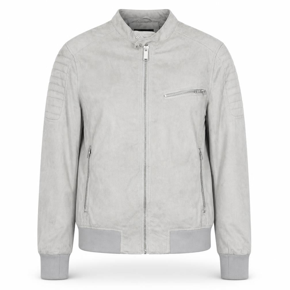 Front view of River Island Women Grey Suede Look Bomber Jacket, size S