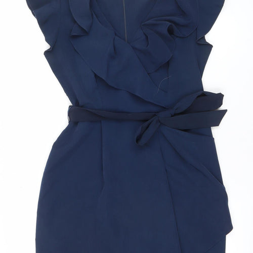 A|wear Women’s Blue Knee Length Wrap Dress Size 10 Ruffle Belted