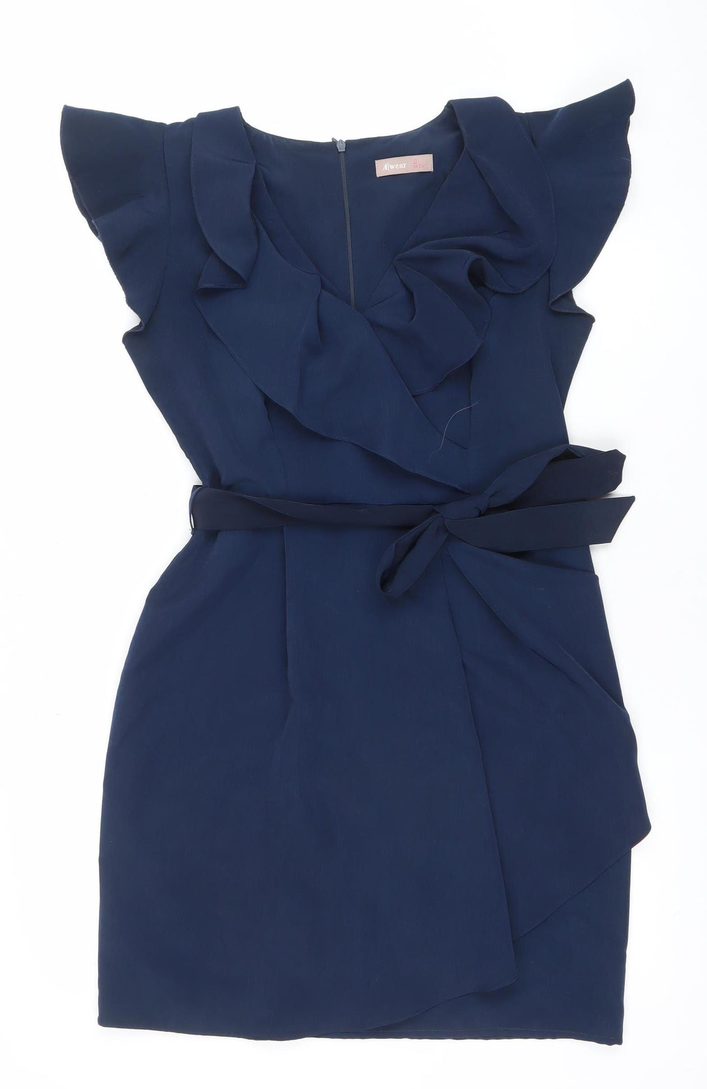 A|wear Women’s Blue Knee Length Wrap Dress Size 10 Ruffle Belted
