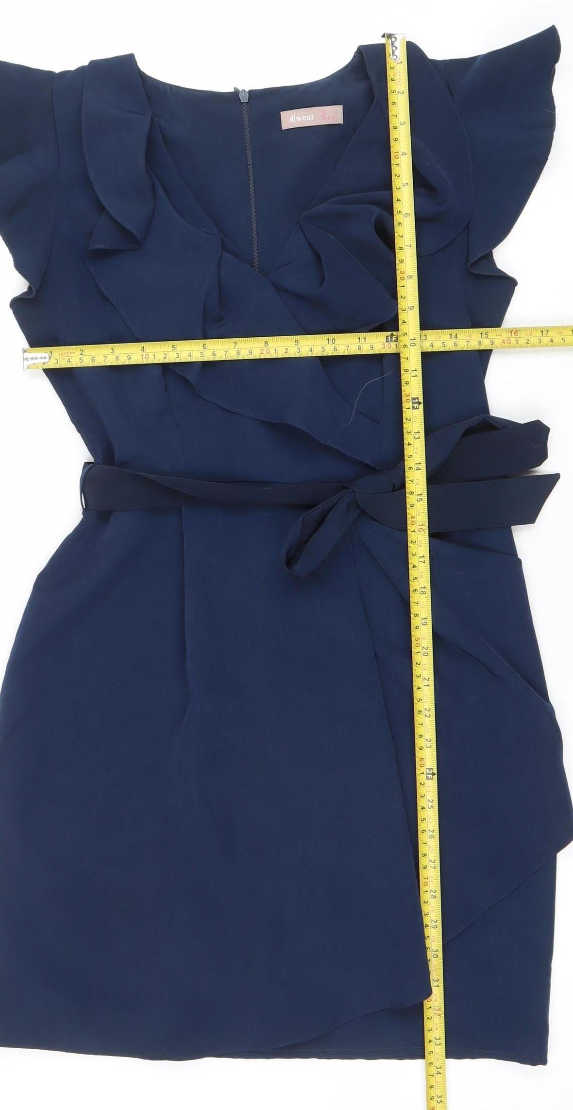 A|wear Women’s Blue Knee Length Wrap Dress Size 10 Ruffle Belted