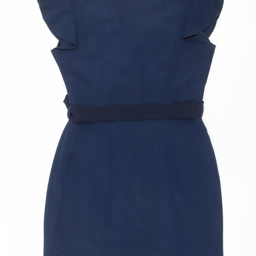 A|wear Women’s Blue Knee Length Wrap Dress Size 10 Ruffle Belted