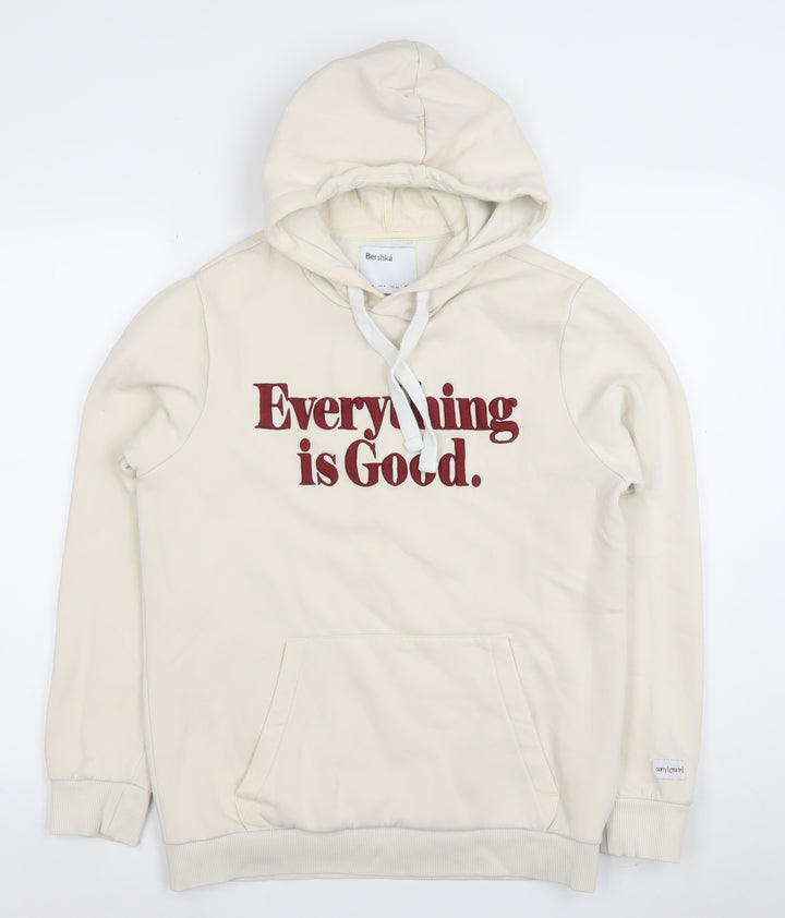 Bershka Women's Beige Pullover Hoodie Small Everything is Good Graphic