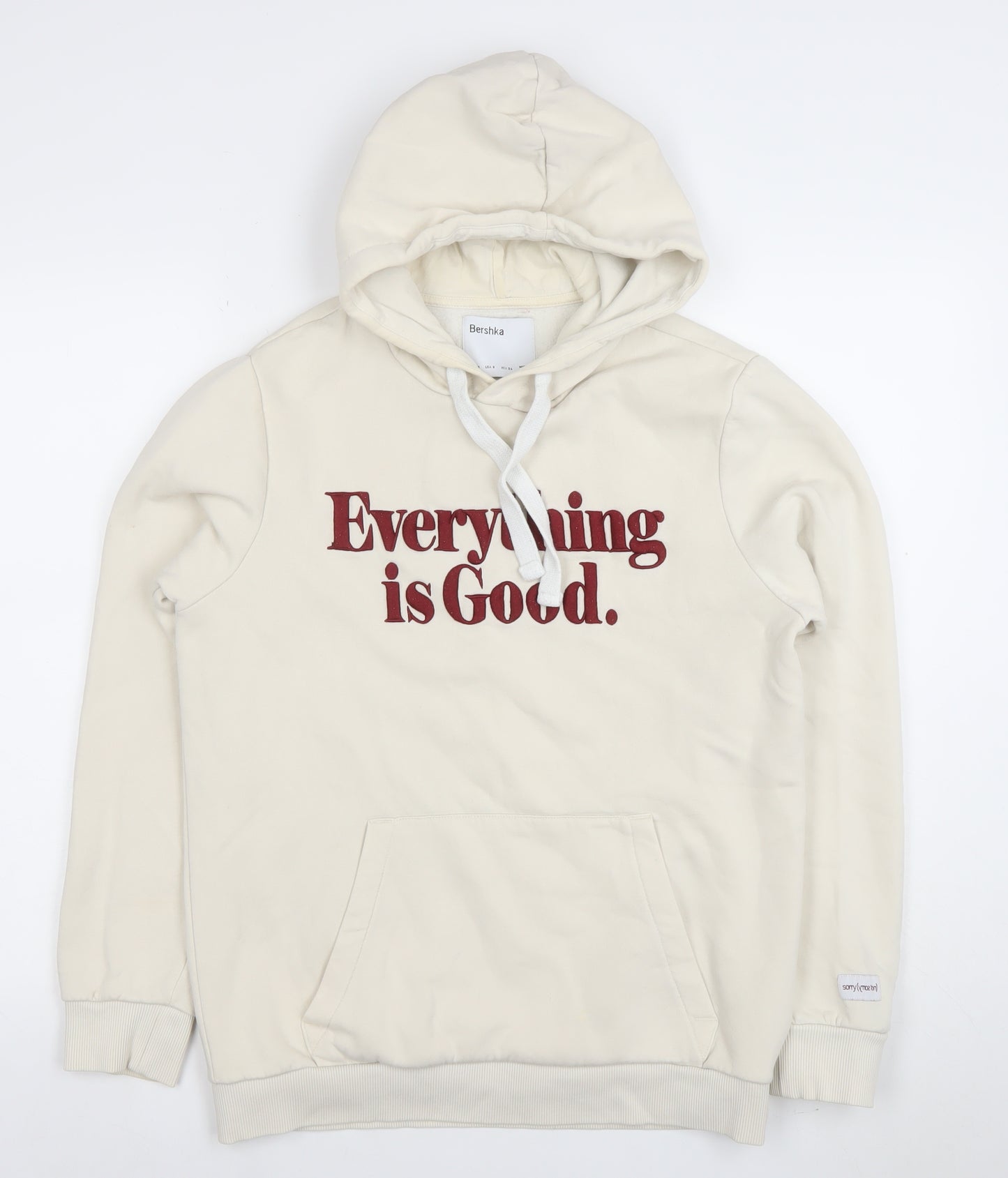 Bershka Women's Beige Pullover Hoodie Small Everything is Good Graphic
