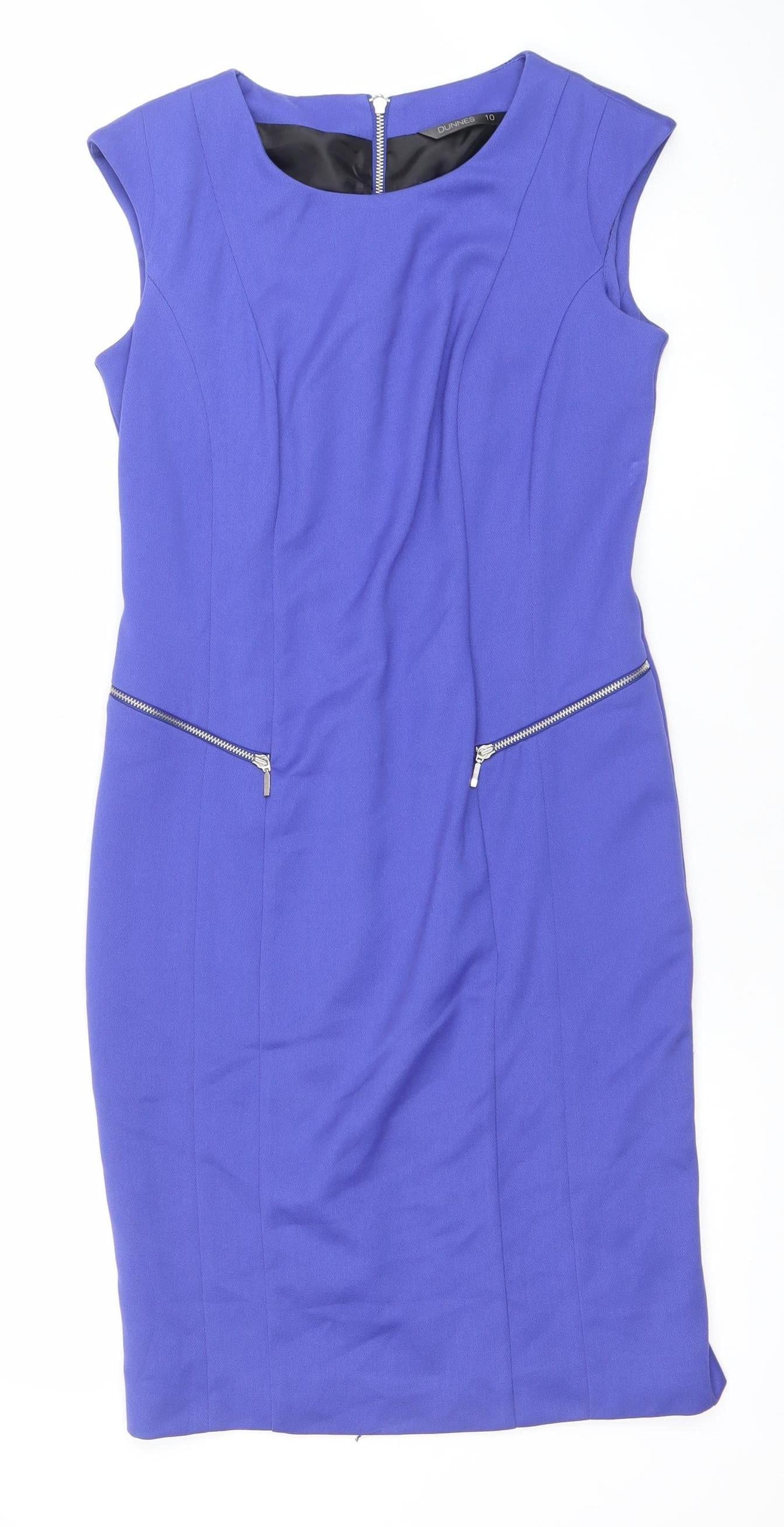 Dunnes Women Blue Sheath Knee Length Zip Detail Dress Size 10