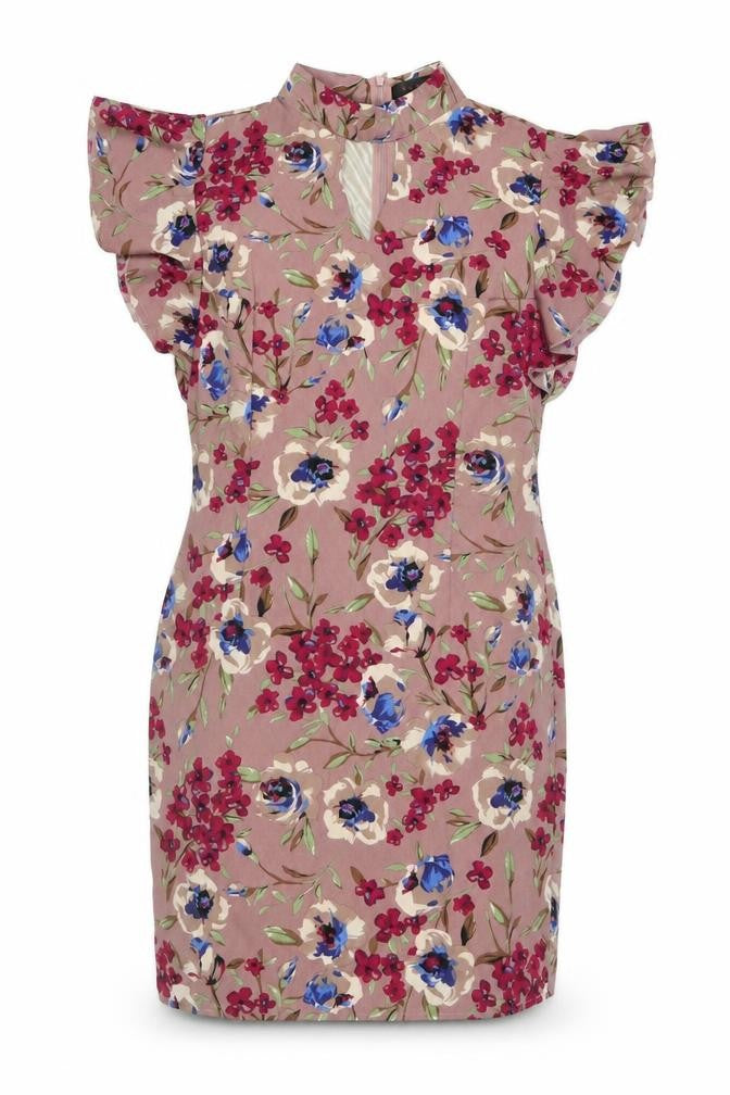 Front view of Tenki Women's Pink Floral Ruffle Shift Dress, size 12