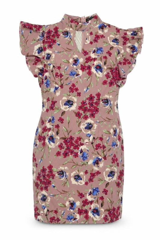 Front view of Tenki Women's Pink Floral Ruffle Shift Dress, size 12