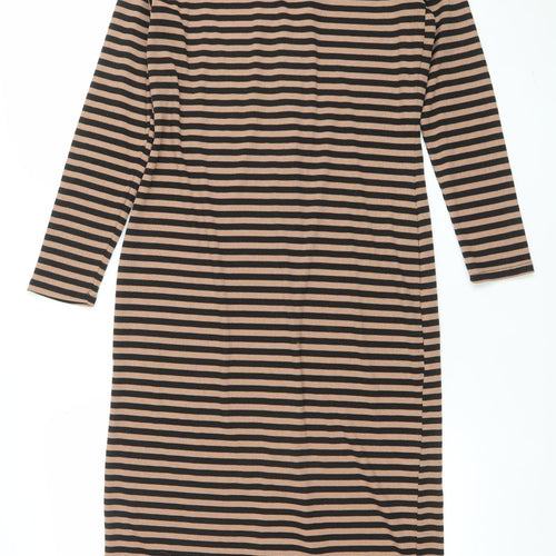 Dunnes Women Beige Black Stripe Midi Shirt Dress Size 12