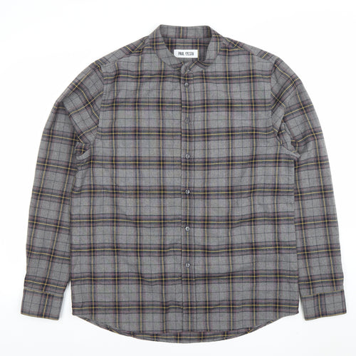 Paul Calvin Men's Grey Checked Long Sleeve Band Collar Shirt Size L
