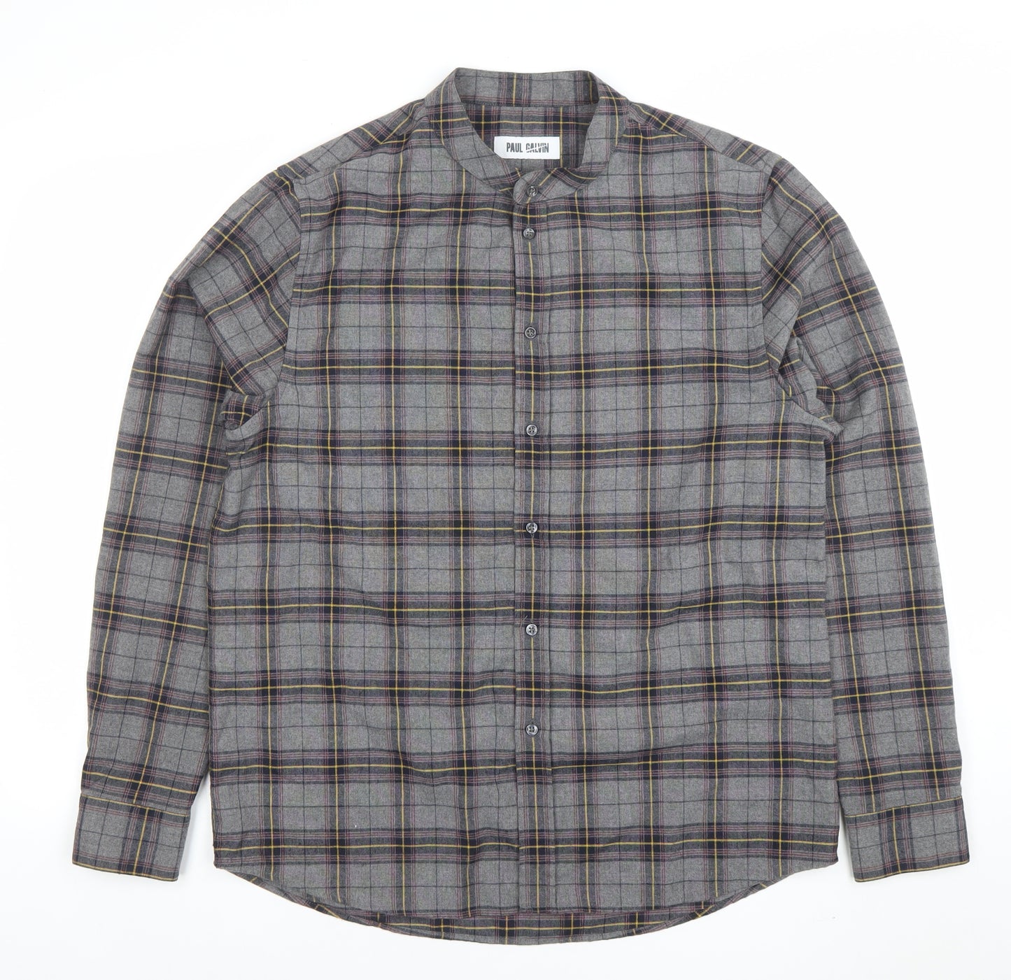 Paul Calvin Men's Grey Checked Long Sleeve Band Collar Shirt Size L