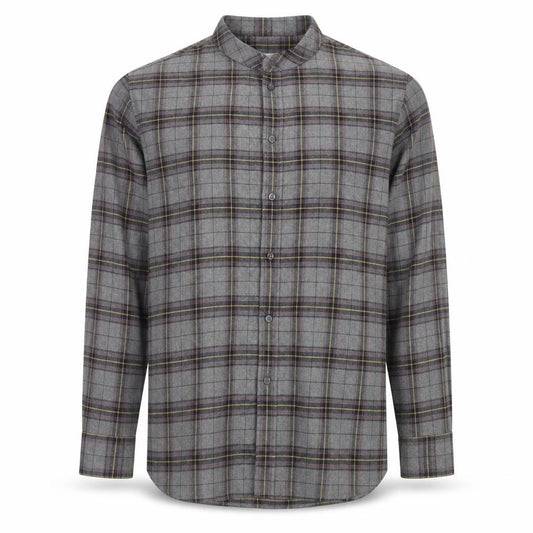 Front view of Paul Calvin Men's Grey Checked Long Sleeve Band Collar Shirt, size L