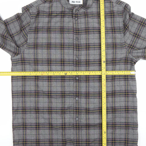 Paul Calvin Men's Grey Checked Long Sleeve Band Collar Shirt Size L