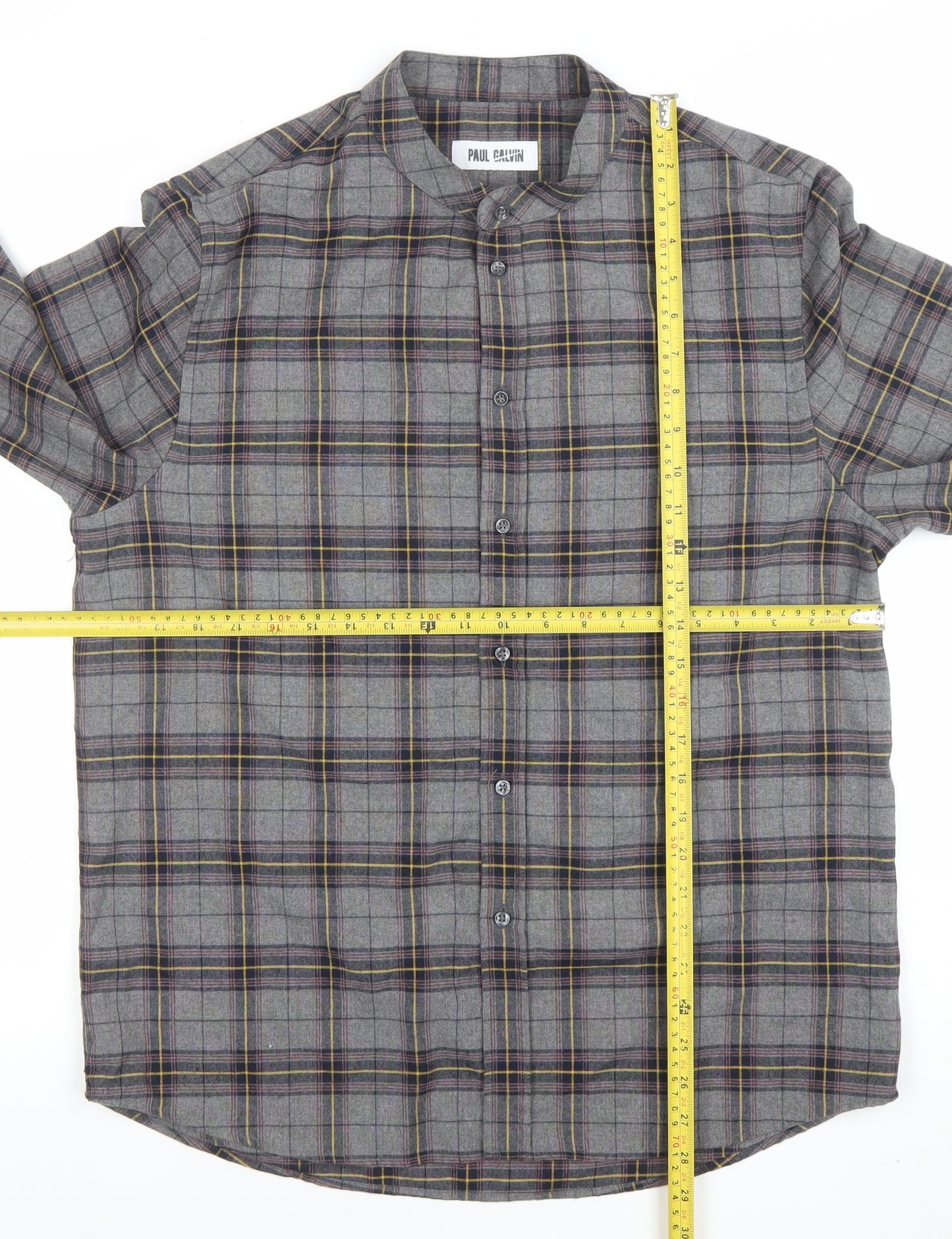 Paul Calvin Men's Grey Checked Long Sleeve Band Collar Shirt Size L