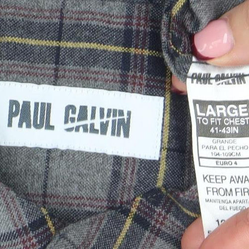Paul Calvin Men's Grey Checked Long Sleeve Band Collar Shirt Size L