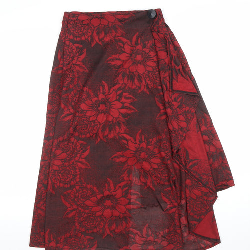 ZARA Women Red Floral Wrap Midi Skirt Size S Polyester