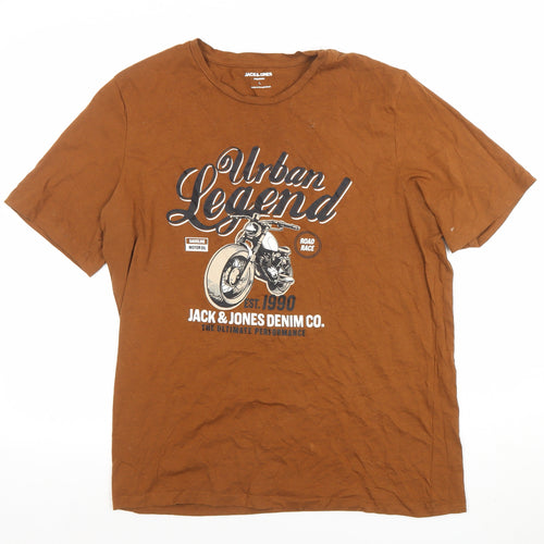 Jack & Jones Men’s Brown Graphic T-Shirt L Urban Legend Motorcycle Design