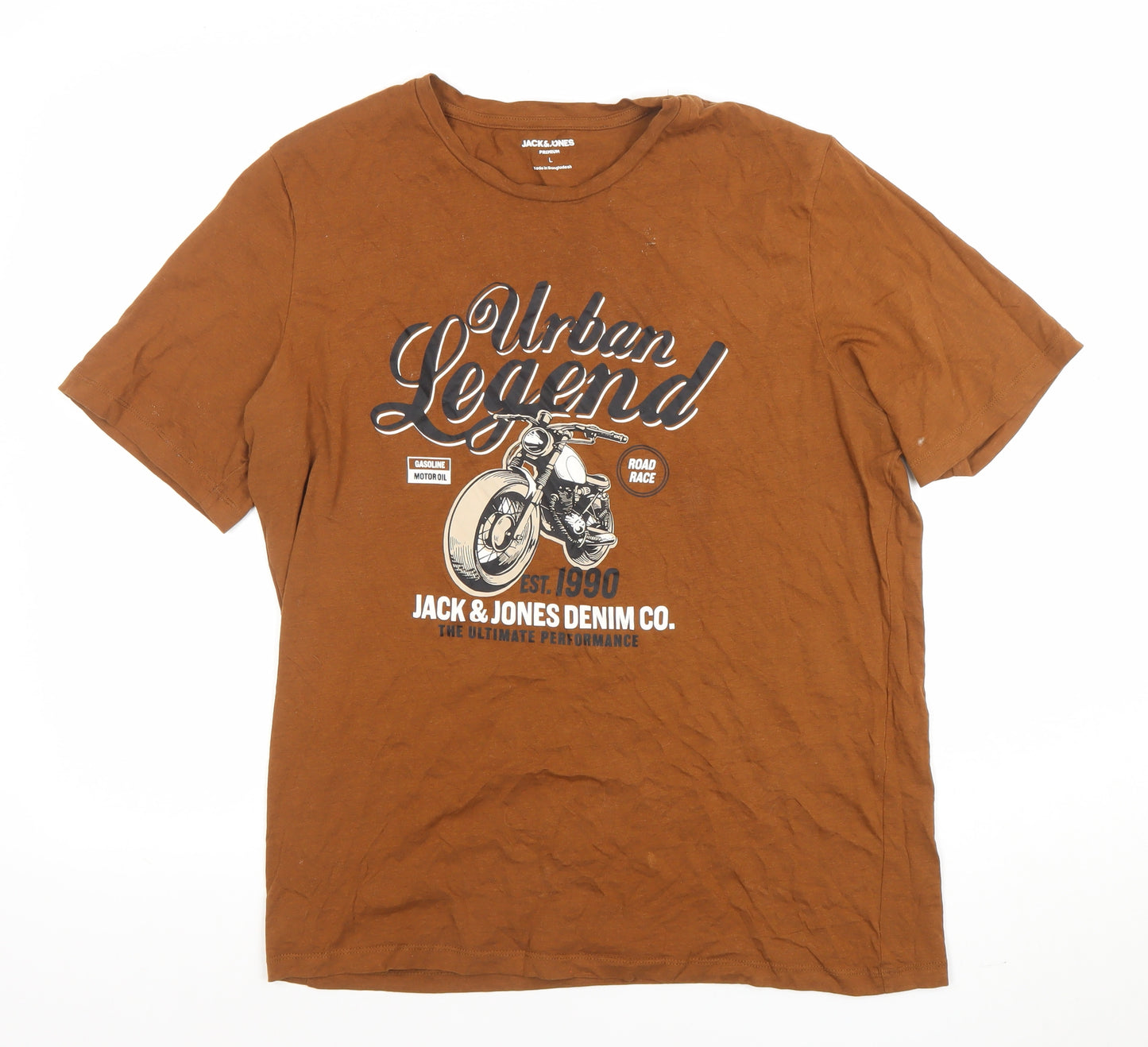 Jack & Jones Men’s Brown Graphic T-Shirt L Urban Legend Motorcycle Design