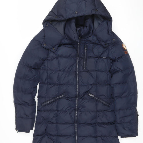 Superdry Women Blue Long Puffer Jacket Size 8 Hooded Down Coat