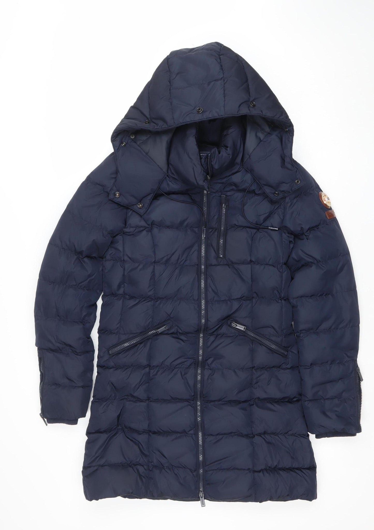Superdry Women Blue Long Puffer Jacket Size 8 Hooded Down Coat