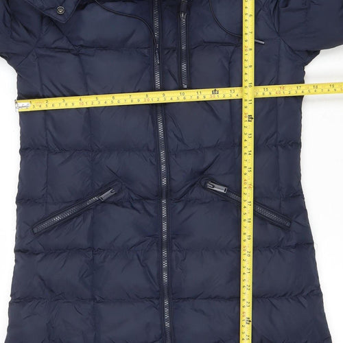 Superdry Women Blue Long Puffer Jacket Size 8 Hooded Down Coat