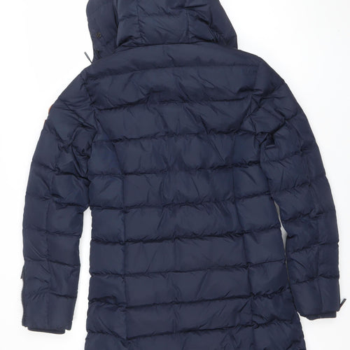 Superdry Women Blue Long Puffer Jacket Size 8 Hooded Down Coat