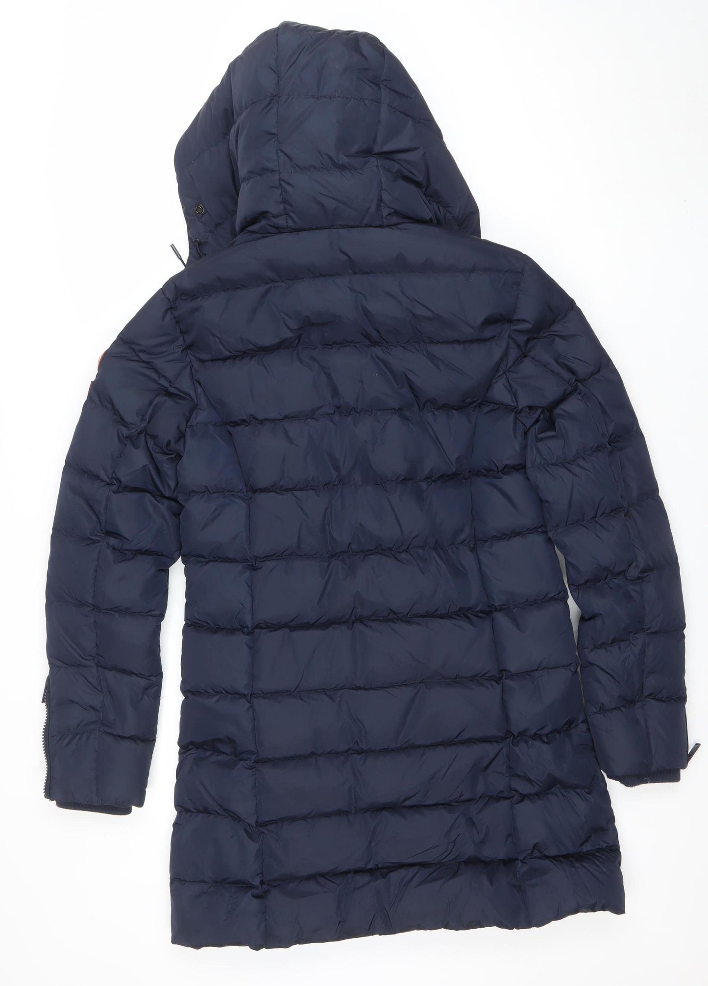 Superdry Women Blue Long Puffer Jacket Size 8 Hooded Down Coat