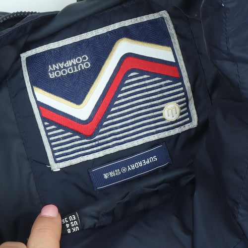 Superdry Women Blue Long Puffer Jacket Size 8 Hooded Down Coat