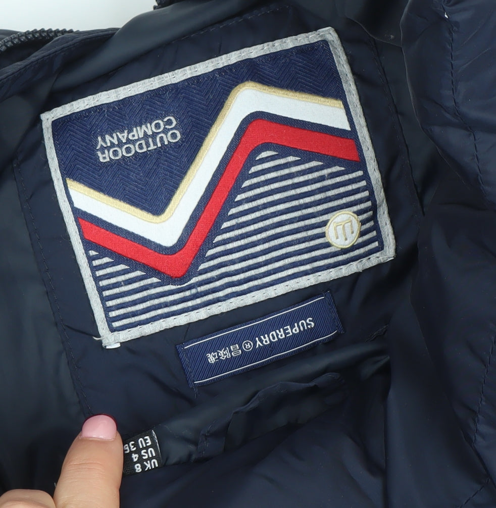 Superdry Women Blue Long Puffer Jacket Size 8 Hooded Down Coat