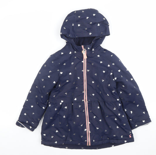 Joules Girls Blue Heart Print Hooded Puffer Coat 6 Years