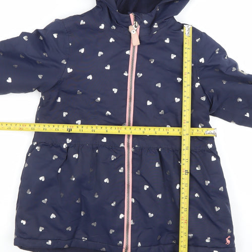 Joules Girls Blue Heart Print Hooded Puffer Coat 6 Years