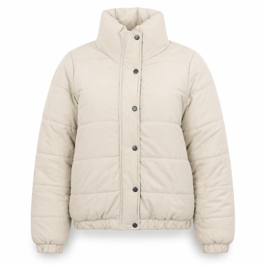 Front view of Boohoo Women's Beige Puffer Jacket, size 8, Quilted Winter Coat