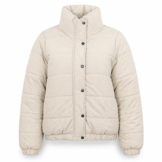 Front view of Boohoo Women's Beige Puffer Jacket, size 8, Quilted Winter Coat
