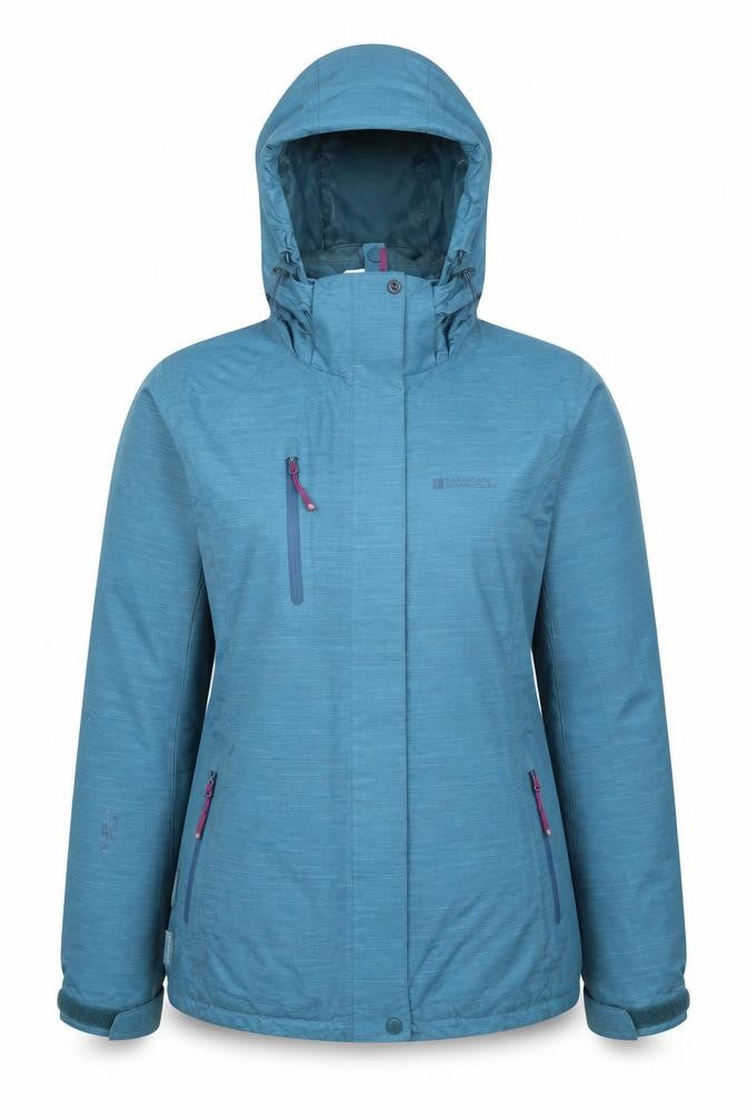 Front view of Mountain Warehouse women’s blue 3-in-1 waterproof jacket, size UK 10