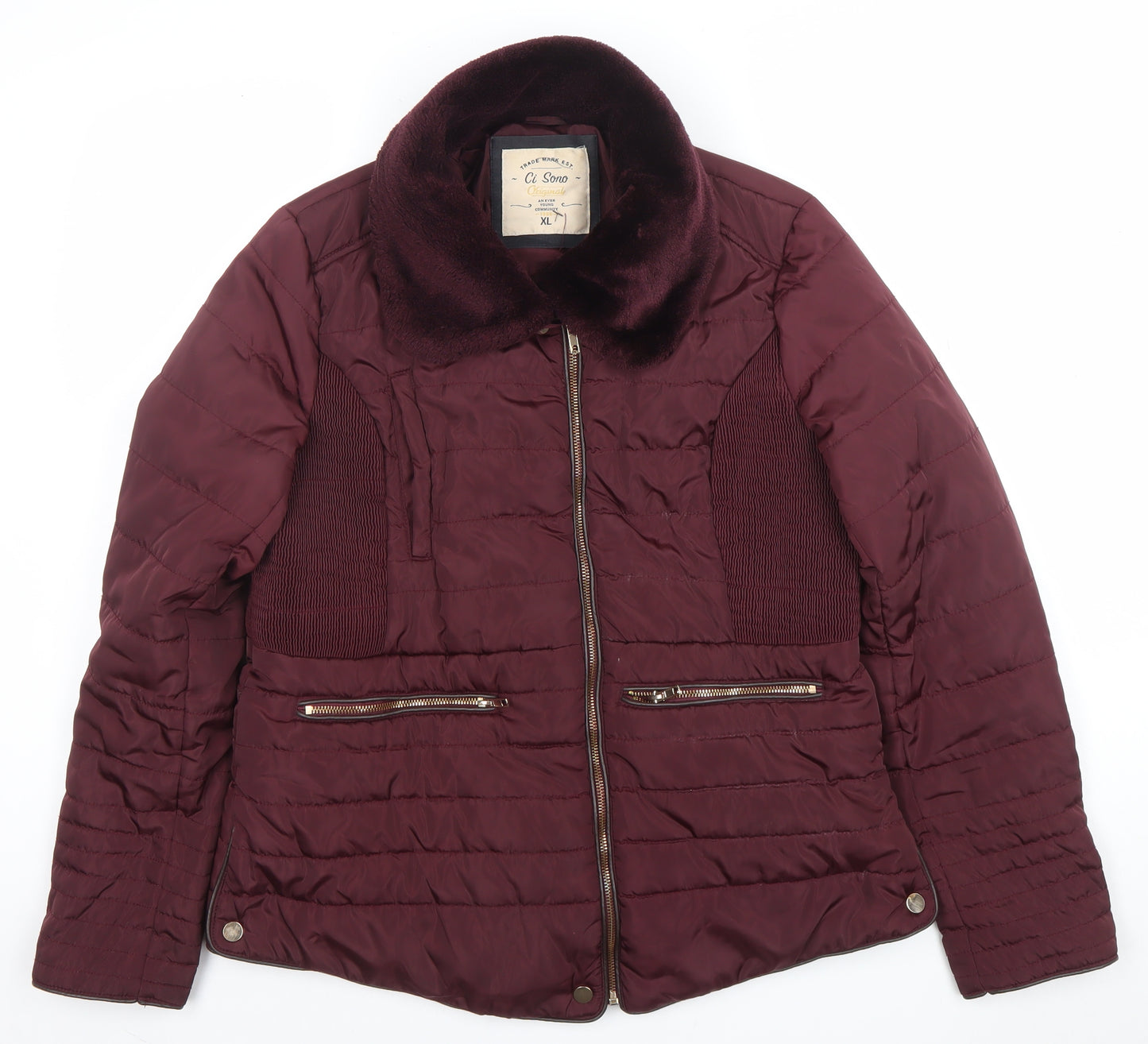 Ci Sono Womens Red XL Puffer Jacket Faux Fur Collar Winter Coat