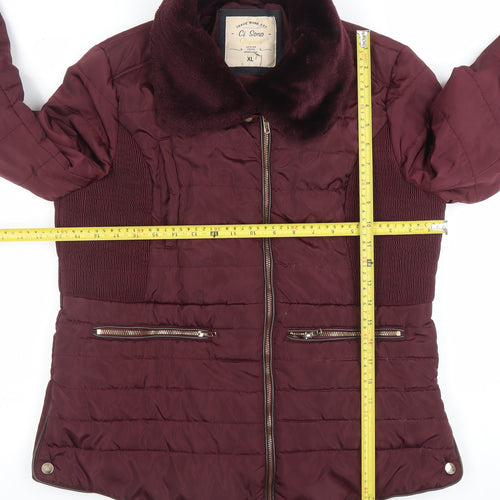 Ci Sono Womens Red XL Puffer Jacket Faux Fur Collar Winter Coat