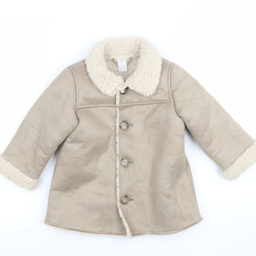 H&M Unisex Baby Beige Fleece Lined Button Coat 24 Months