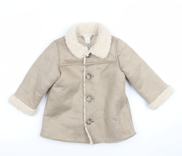 H&M Unisex Baby Beige Fleece Lined Button Coat 24 Months