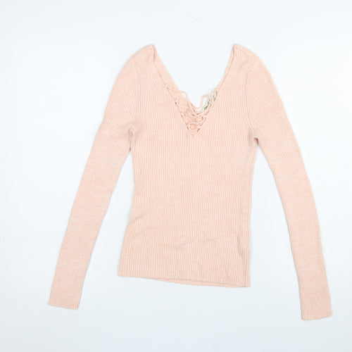 Miss Selfridge Women's Pink Slim Fit Lace-Up V-Neck Jumper Size 6