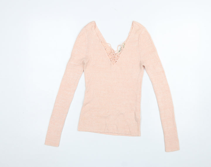 Miss Selfridge Women's Pink Slim Fit Lace-Up V-Neck Jumper Size 6