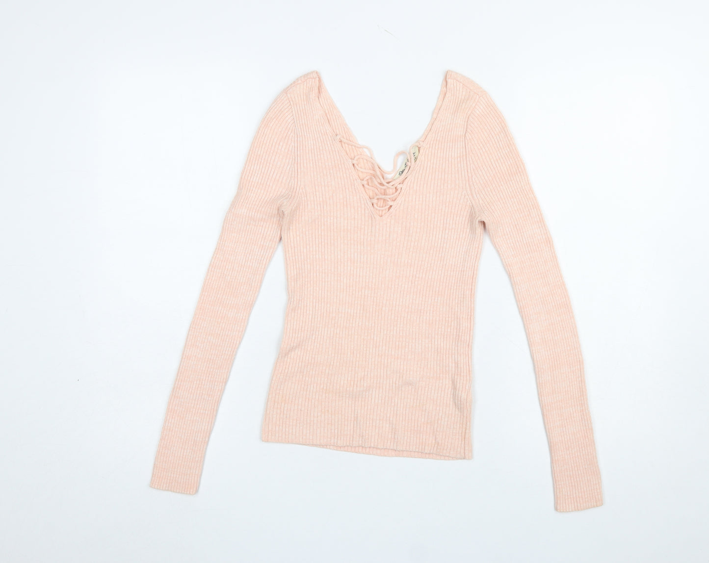 Miss Selfridge Women's Pink Slim Fit Lace-Up V-Neck Jumper Size 6