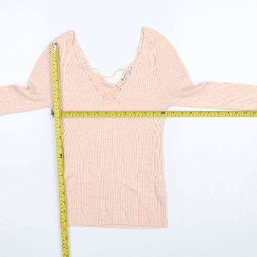 Miss Selfridge Women's Pink Slim Fit Lace-Up V-Neck Jumper Size 6