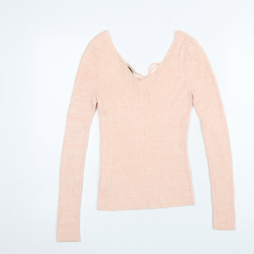 Miss Selfridge Women's Pink Slim Fit Lace-Up V-Neck Jumper Size 6