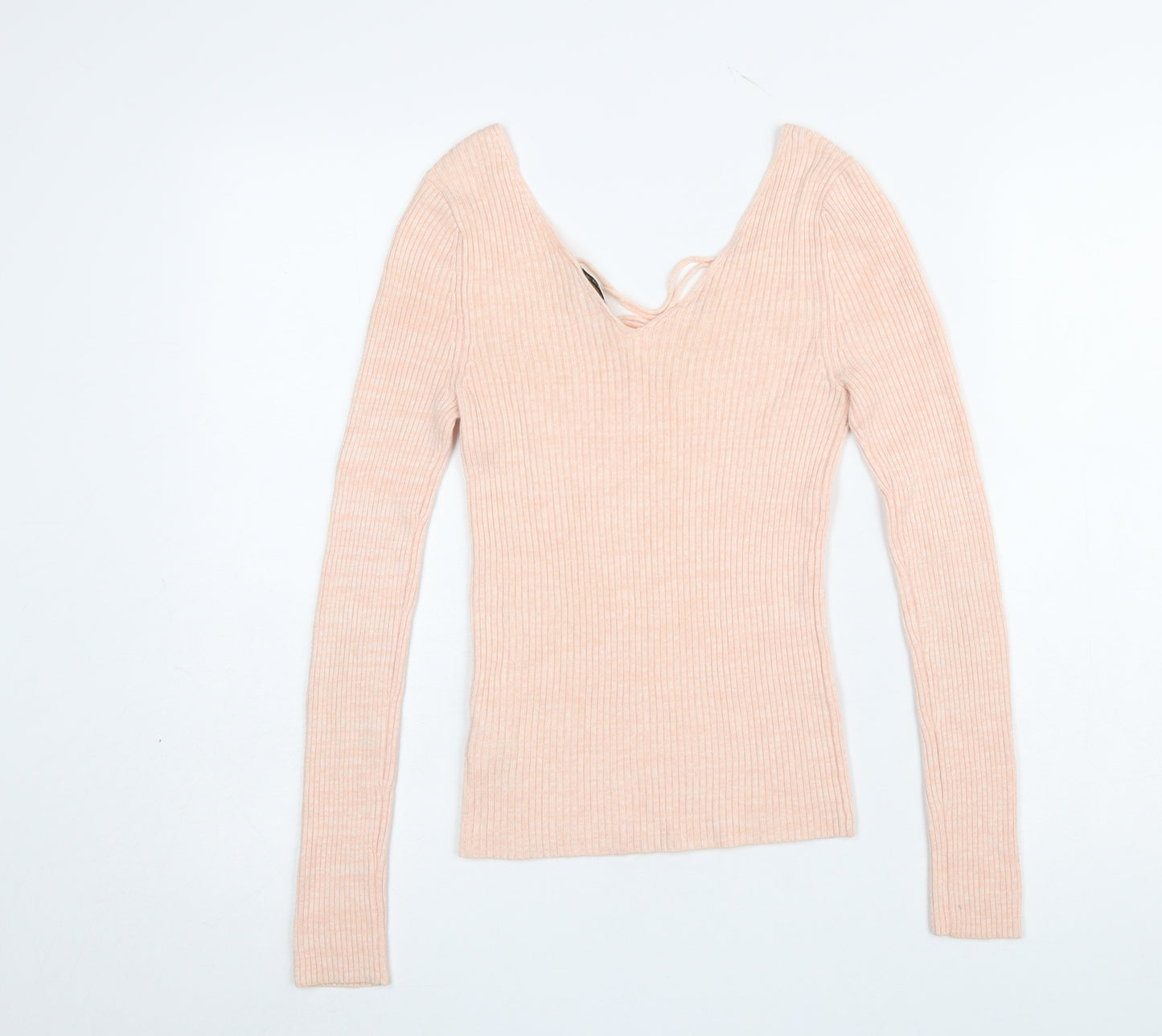 Miss Selfridge Women's Pink Slim Fit Lace-Up V-Neck Jumper Size 6