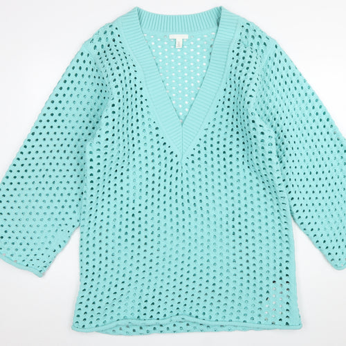 H&M Women’s Blue Open Knit V-Neck Pullover Jumper Size L